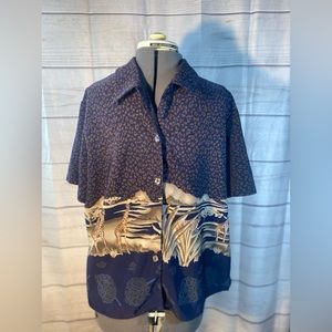 Vintage "Kemp Collections" Men Short Sleeve Black Safari Printed Shirt (Sz: 16)